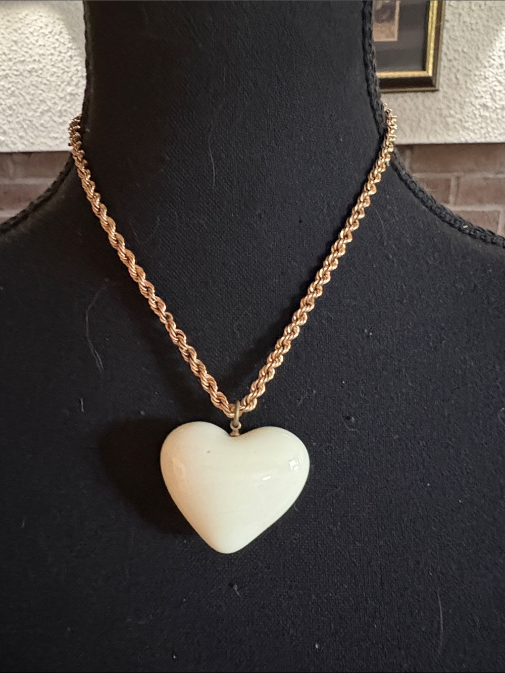 Vintage Gold Rope Chain Necklace with Cream Heart Pendant